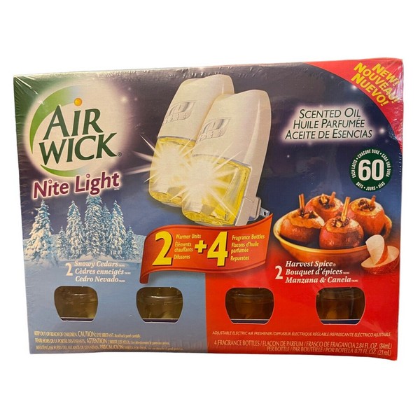 Air Wick Nite Light Scented Oil 2 Warmers & 2 Snowy Cedars & 2 Harvest Spice NEW