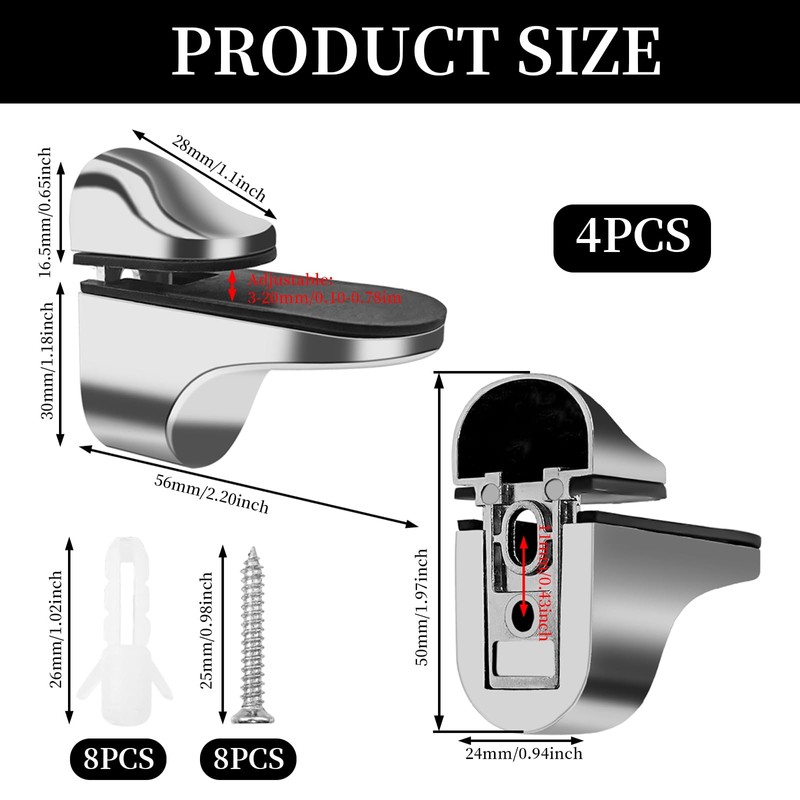 CHMYY 4 Pcs Metal Bracket, Glass Shelf Bracket, Adjustable Zinc