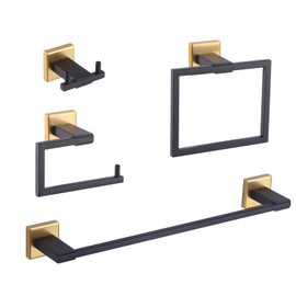 GERZWY SUS 304 Stainless Steel Bathroom 4-Pieces Hardware Accessories Sets - Coat Hook 18-Inch Towel Bar Toilet Paper Holder Towel Ring (Black & Gold)