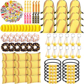 Halloscume 134 Pcs Softball Party Supplies Set Softball Drawstring Backpack Keychains Charm Bracelets Cosmetic Bag Ties Hair Scrunchies Mirror Stickers for Sports Team
