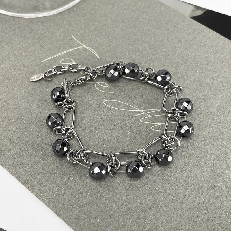 Women's Hematite Power Stone Bracelet, Black Beads, Stainless Steel Chain,