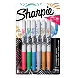 Sharpie Metallics Permanent Markers, Fine Tip, Assorted Colors, 6 Pack