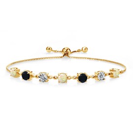 Gem Stone King 1.86 Ct Round Cabochon White Ethiopian Opal Black Onyx 18K Yellow Gold Plated Silver Lab Grown Diamond Tennis Bracelet For Women (Fully Adjustable Up to 9 Inch)