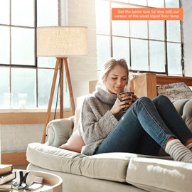 BTP Wood Tripod Floor Lamp, Farmhouse Shelf Wooden Standing light Drum Shade for Living Room, Bedroom, Office, Footswitch,ETL Listed/Brown Wood Color, 3 Color Temparature LED Bulb Include