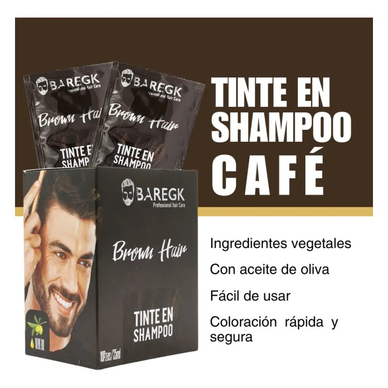 Tinte Shampoo Café Castaño, Cubre Canas, 10 Sobres, Baregk