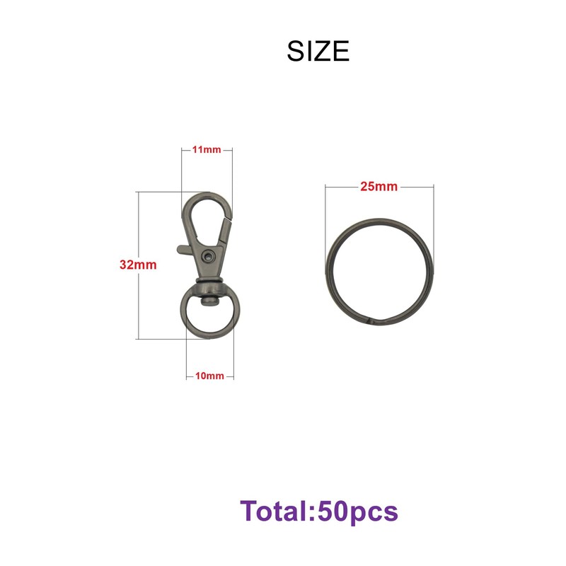 50pcs Gun Black Swivel Snap Hooks with Split Key Rings
