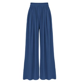 BTFBM Womens Casual Wide Leg Pants Summer Fall Clothes Pleated Elastic Waist Loose Palazzo Knit Trousers with Pockets(Dark Blue, Large)