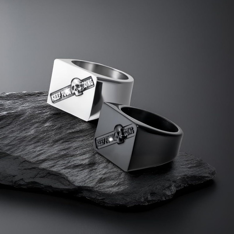 ELFASIO Keep Going Skull Rings for Mens, Square Signet Ring