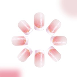 24Pcs French Press on Nails Short Square Fake Nails Gradient Pink Glitter Sequins Designs Full Cover Coffin Nails with Gel Acrylic French Tip False Nails for Women Girls.