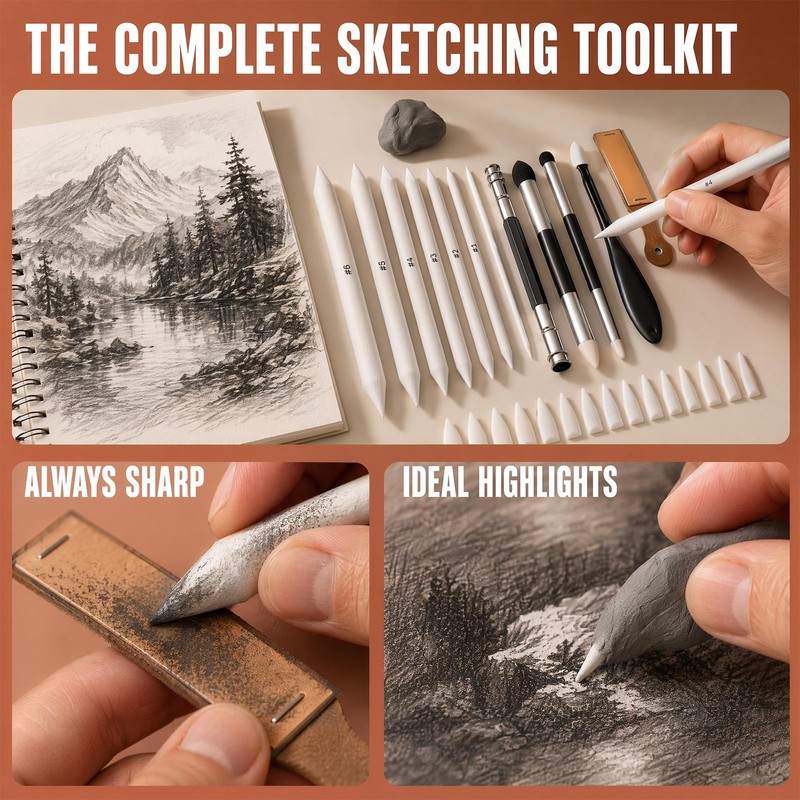 33 Pcs Blending Stumps Set, – with Sketching Pen, Sponge