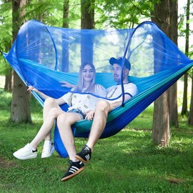 LFL Camping Hammock with Mosquito Net, Hammocks with Tree Straps Carabiners, 1 & 2Persons Outdoor Portable Tree Straps Swing Hammock, Nylon Parachute Material Hammocks, Blue