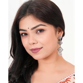 Aquazene Craft Women's Traditional Stud OXidised Silver Earrings Dangle for Wedding Wear Drop For Birthday gift EX -O17, Medium, AZAZ2442-OXidised Metal, No Gemstone