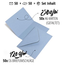 Japun Japun - 50er Set blanko Falt-Karten inkl. Briefumschläge, Klapp-Karten zum gestalten, beschriften oder bedrucken - DIN A6 / C6 - hell-blau