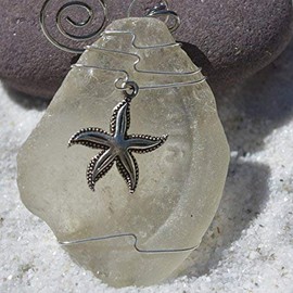 Custom Surf Tumbled Sea Glass Ornament with a Silver Starfish Charm - Choose Your Color Sea Glass Frosted, Green, and Brown.