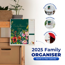 2025 Family Organiser Calendar -Month to View - 2025 Family Planner Hanging with Shopping List, & Notepad Monthly Five Columns for organising Family -2025 Calendar - Floral