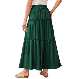 Genfien Skirt Women's Long Boho High Elastic Waist with Pockets and Belt Maxi Skirt Midi Casual Skirt Plain Skirt A-line Casual Summer Maxi Skirt, Green, M