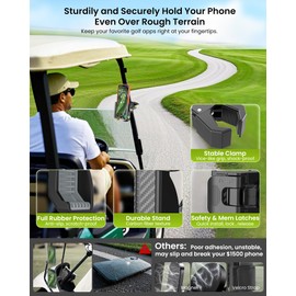 Smerkod Golf Cart Phone Holder Mount - 3s Phone Clip Install, 1s Lock & Release，Phone Caddy for iPhone Galaxy & More Fits Yamaha Club Car EZGO Icon, Golf Cart Accessories Essentials Gift for Men Women