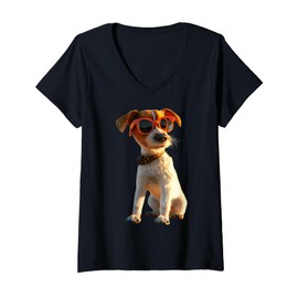 Womens Jack Russell Terrier Dog with Sunglasses Cute Jack Russells V-Neck T-Shirt