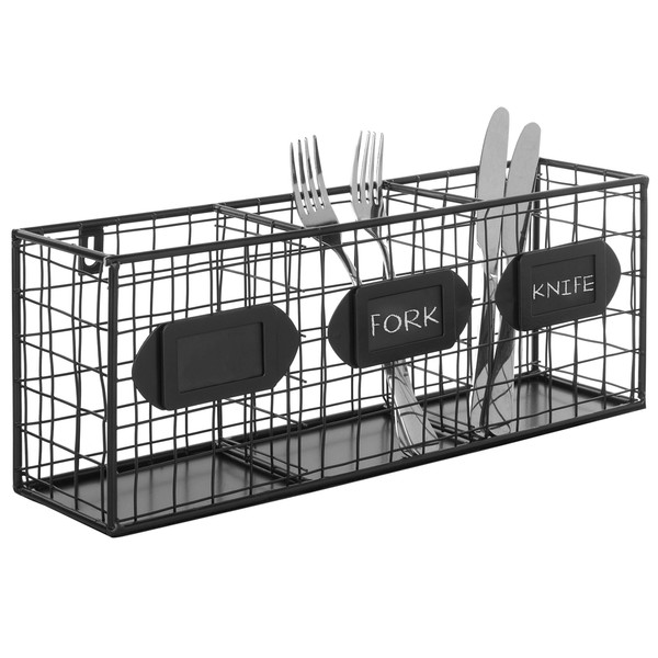 MyGift Utensil Organizer Wall Mounted Black Metal Kitchen Silverware Flatware