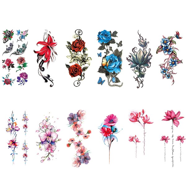 Pack of 12 Temporary Tattoos, Large Flowers, Temporary Tattoos, Tattoo Stickers in Colour, for Arms, Legs and Back of Women and Girls (12 Styles)