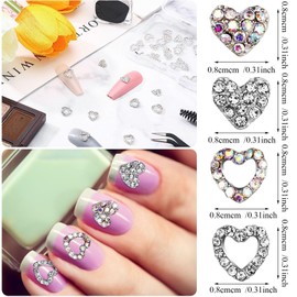 Leelosp 36 Pcs Heart Nail Charms for Nail Art, 3D Heart Rhinestone Decals Silver Crystal Charms Diamond Alloy Gems Decorations Gifts for Christmas Women Valentine's Decoration
