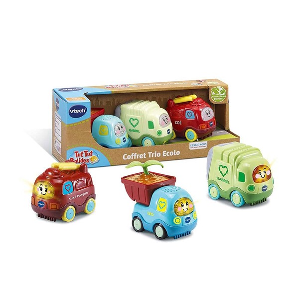 VTech - Toot Toot Drivers, SOS Nature Play Green Trio Set, 3 Interactive Trucks, Firefighter, Bin and Dump Truck, Musical and Sound Toy, Gift for Children from 1 year to 5 years – Contents in French