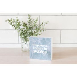 Happiness Comes In Waves, JoyRide Home Decor Wood Block Sign, 5"x5" Freestanding, Shelf or Wall Displayed, Artist Designed Home Décor.