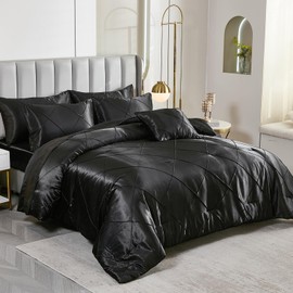 Bedbay Satin Comforter Set,Black King Size Comforter Set with Sheets,8 Pcs Geometric Pleat Bed Set,Silky Smooth Soft Bedding Set with Comforter,Flat Sheet,Fitted Sheet,Pillowcases,Cushion Cover