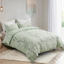 Green Bedding Set Floral Plum Duvet Cover Set Soft Microfiber Botanical Branch Duvet Cover,2 Pillowcases and Zipper Closure,Double Size 200x200 cm