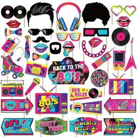 40 Pcs 80s Photo Booth Props, 80s Party Decorations 80s Props, 80s Birthday Party Decorations Disco Party Photo Booth Props, 1980s Party Decorations 80's Photo Booth Props for Party