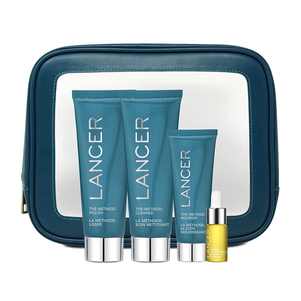 Lancer Skincare The Method Intro Kit, 3-Step Anti-Aging Facial Exfoliator, Cleanser, and Moisturizer Kit for Glowing Skin, Reveals Instantly Supple Soft Skin