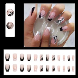 Flower French Tip Press on Nails Coffin Medium Long Fake Nails White Black Floral False Nails Designs Spring Summer Glue on Nails Nude Pink Stick on Nails Artificial Nails for Women Girls Manicure