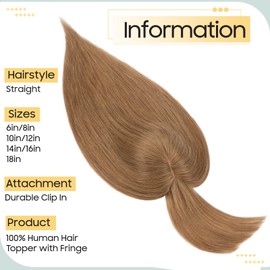 S-noilite Human Hair Toppers With Bang for Thinning Hair Women Real Hair Topper Clip In Hair Extensions 100% Remy Real Human Hair 38g（#6-1 Light Green Brown, 12 Inch)