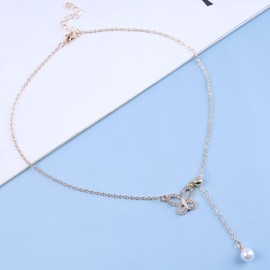 Inilbran Boho Butterfly Pearl Y Lariat Necklace Vintage Crystal Butterfly Choker Necklace Gold Y Drop Necklace Pearl Pendant Necklace Minimalist Butterfly Pearl Necklace