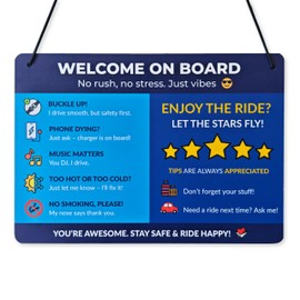 Funny Rideshare Car Sign – Welcome On Board For Backseat Passenger Message – Car Rating Reminder & Tip Encouragement – Waterproof Hanging Info Board with Icons – 11x7.8in (Blue)
