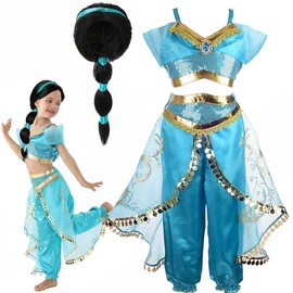 Girls Jasmine Costume Arabian Princess Jasmine Cosplay Costume with Wig Halloween Party Dress up Costume for Kids (140(7-8T))
