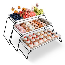 Extra Large 3-Tier Melamine Serving Tray Set, 17"x8.7" Platters with 3 Collapsible Metal Stand Display for Cupcakes, Serving Food, Dessert, Fruit, for Party Buffet Entertaining, Black