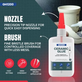 GH1200 Ceramic Glue Repair with Brush Applicator & Nozzle (20 g), Waterproof, Clear, Smooth. Fast Drying, Ceramic Glue for Pottery, Dishes, Mugs & More