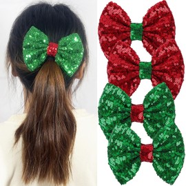 Sequins Bow Hair Clip, 4 Pcs Red and Green Sequin Bows, Glitter Ribbon Barrettes for Women Girls