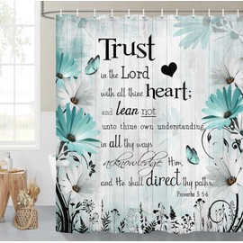 Bible Verse Inspirational Quote Shower Curtain, Green Floral Daisy Trust in The Lord Waterproof Fabric Shower Curtain, Rustic Farmhouse Butterfly Bathroom Shower Curtain with 12PCS Hooks, 70X70IN