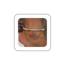 Andelaisi Boho Starfish Pendant Ankle Bracelet Vintage Conch Anklet Bracelet Silver Conch Starfish Chain Anklet Turquoise Anklets Clear Crystal Foot Chain Jewelry for Women