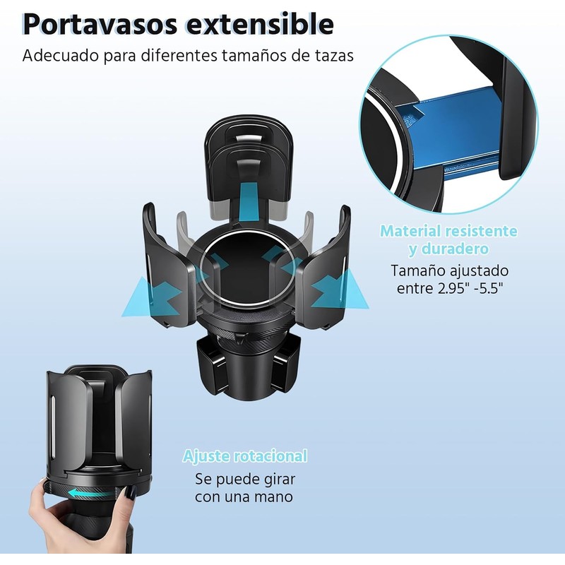 Portavasos Ajustable para Auto, Negro, Extensible, Compatible con Tazas y