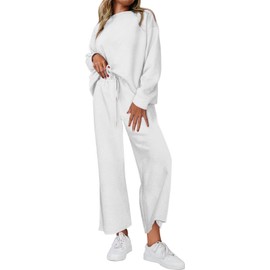 LNKQA Women's 2 Piece Outfits Casual Long Sleeve Pullover Top and Wide Leg Pants Lounge Sets(White,X-Large)