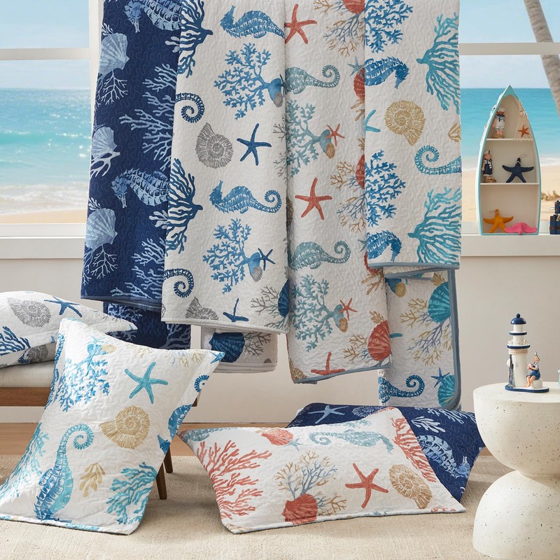 LEAONME Coastal Quilt Set King Size - Lightweight Microfiber Reversible