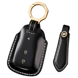 TECART Fit for Chevy Equinox Traverse Trailblazer Blazer Sonic Spark Trax Volt Bolt EV EUV Camaro Cruze Genuine Cowhide Leather Key Fob Cover Case Keychain Protector 3 Buttons Holder Black