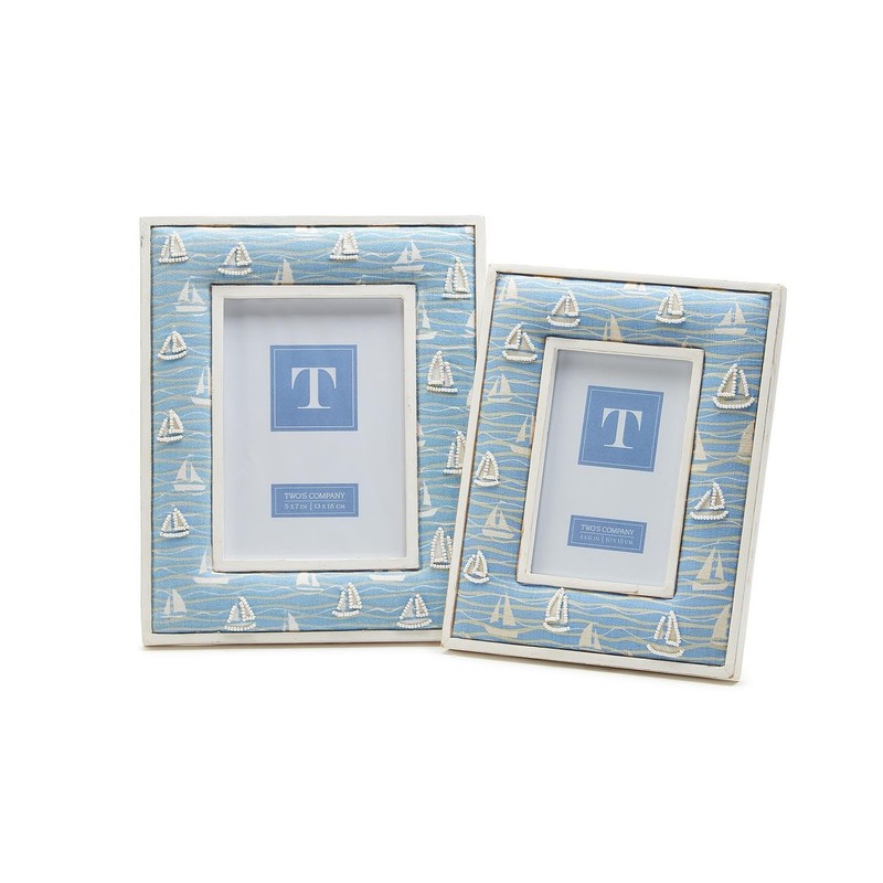 Two's Company Sailboat Hand-Beaded White Washed Photo Frame, Mango Wood,