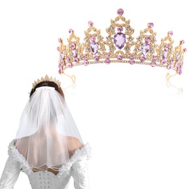 Crystal Tiara Crown Wedding Tiara, Veil Short Bridal Tulle with Comb, Elegant Short Bridal Veil with Rhinestones and Pearls, Headpiece for Wedding, Prom, Birthday, Party for Women and Girls, Crowns