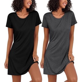 Ekouaer Night Dress Women uk Ladies Cotton Short Nighties Nightdress Womens Short Sleeve Nighties Comfortable Sleepwear, Black+Grey, XL
