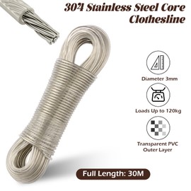 30 m Washing Line Diameter 4 mm Washing Line with Steel Core, Washing Line Extra Strong, Outdoor Washing Line is Rust and Corrosion Resistant, Replacement Line for Garden, Outdoor Use, Capacity 120 kg