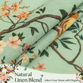 Boho Green Linen Floral Bird Curtains for Living Room 84 Inches Long 2 Panels Back Tab Vintage Farmhouse Flower Leaf Patterned Window Drapes Semi Sheer Light Filtering for Dining Room Bedroom Seafoam